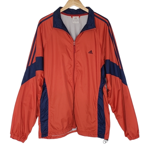 Vintage Adidas Windbreaker Jacket Men Size L Orange Blue Striped Full Zip Lined - Picture 2 of 11